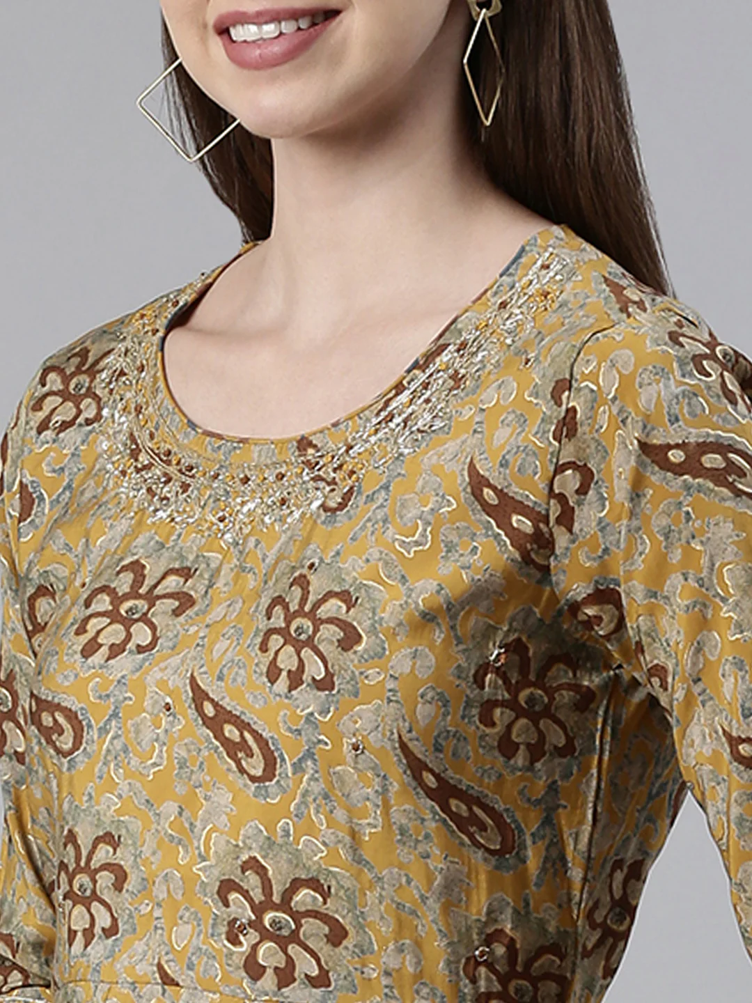 Neerus Mustard Regular Calf Length Printed Kurta Printed Sharara With Dupatta - Image 4