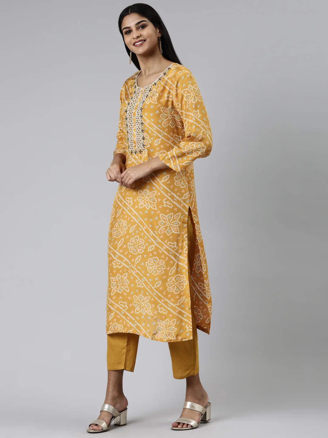 Neerus Mustard Regular Calf Length Printed Kurta Solid Trousers With Dupatta - Image 2
