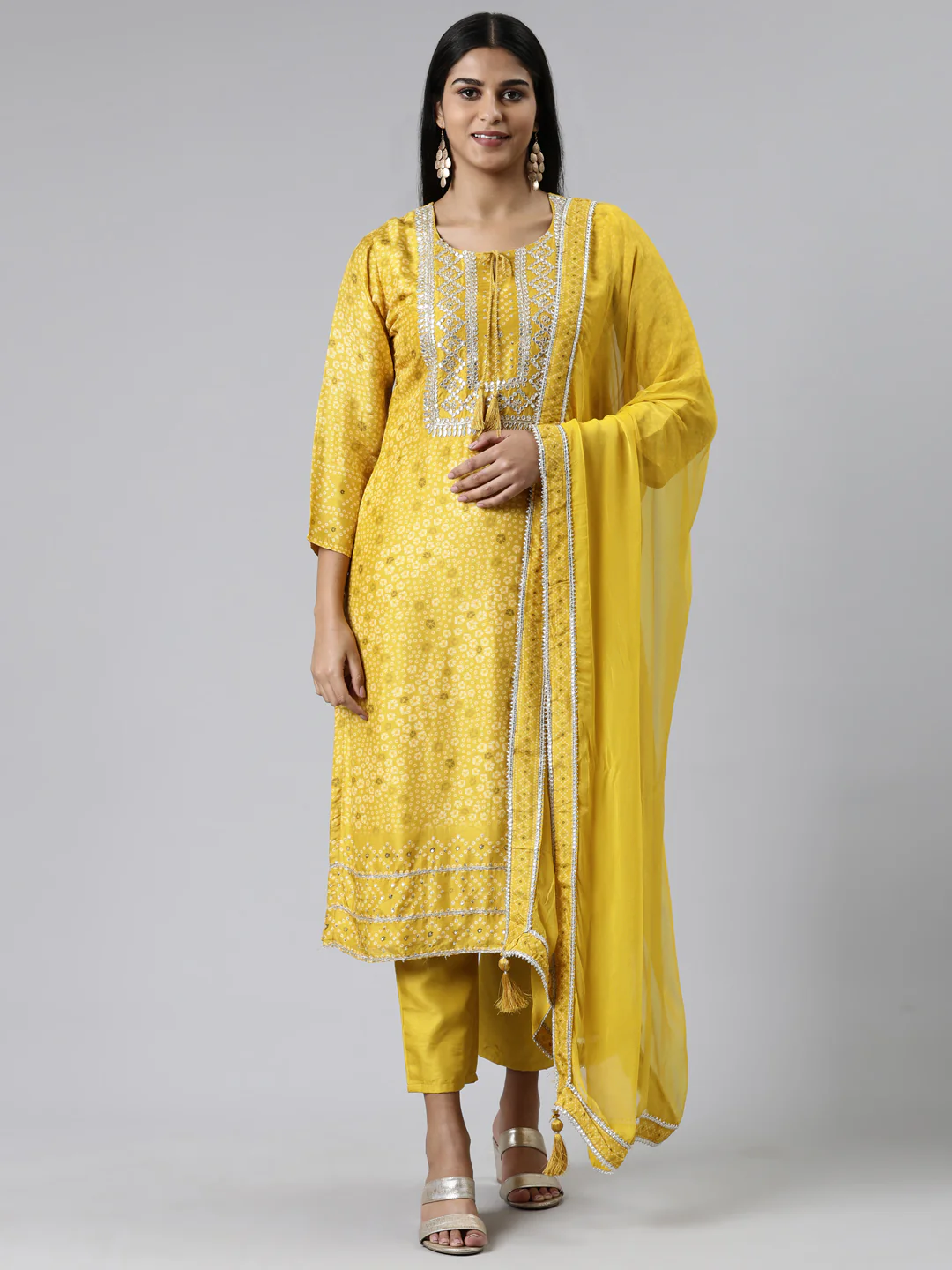 Neerus Mustard Regular Calf Length Printed Kurta Solid Trousers With Dupatta