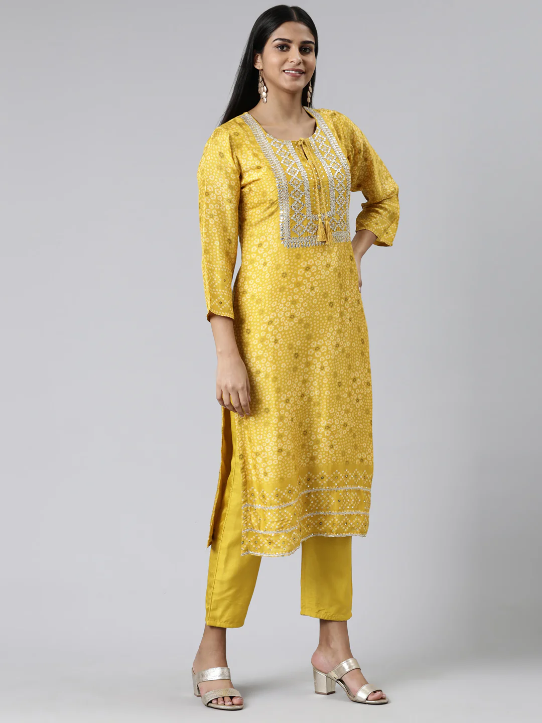 Neerus Mustard Regular Calf Length Printed Kurta Solid Trousers With Dupatta - Image 2