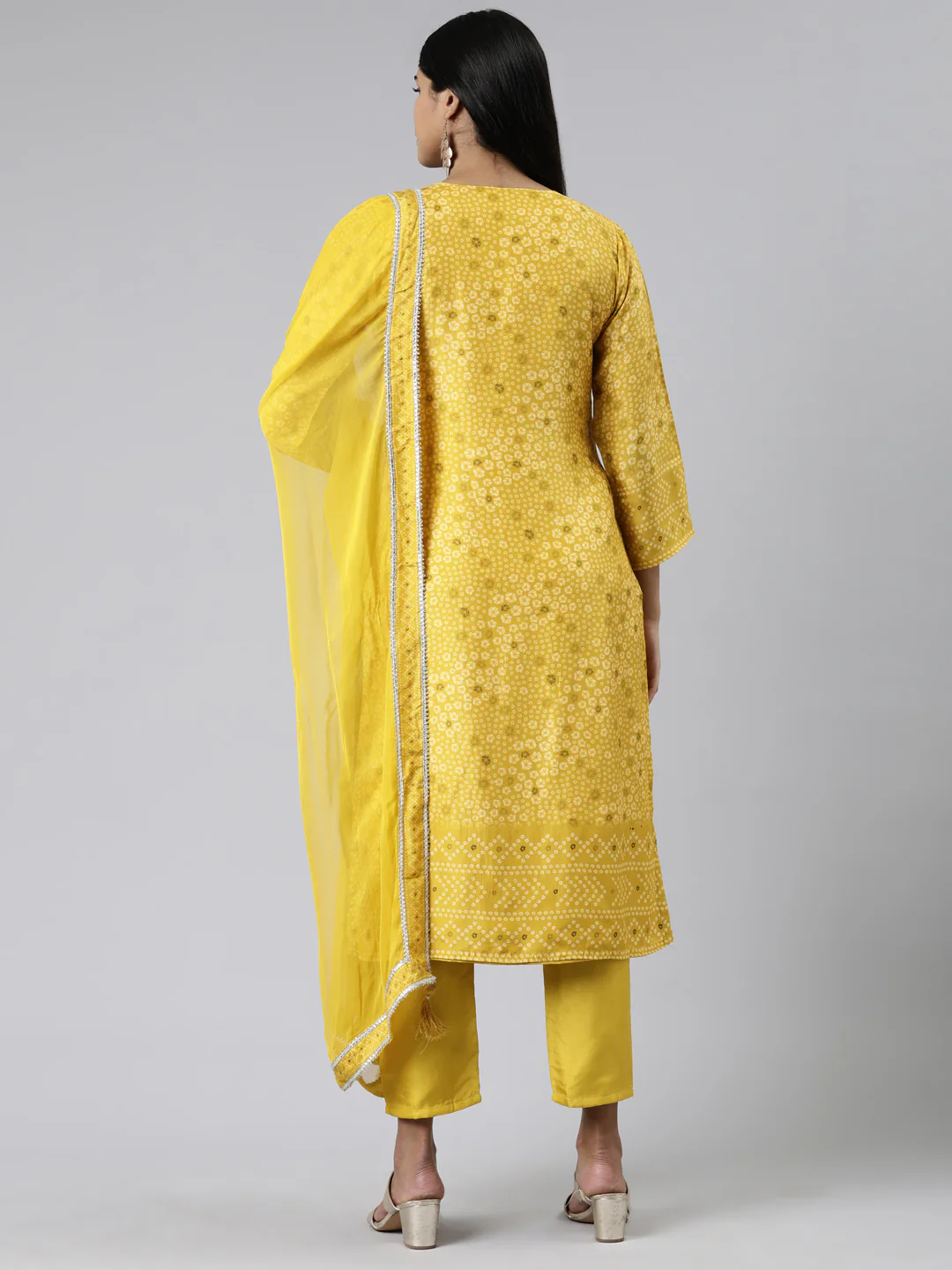 Neerus Mustard Regular Calf Length Printed Kurta Solid Trousers With Dupatta - Image 3