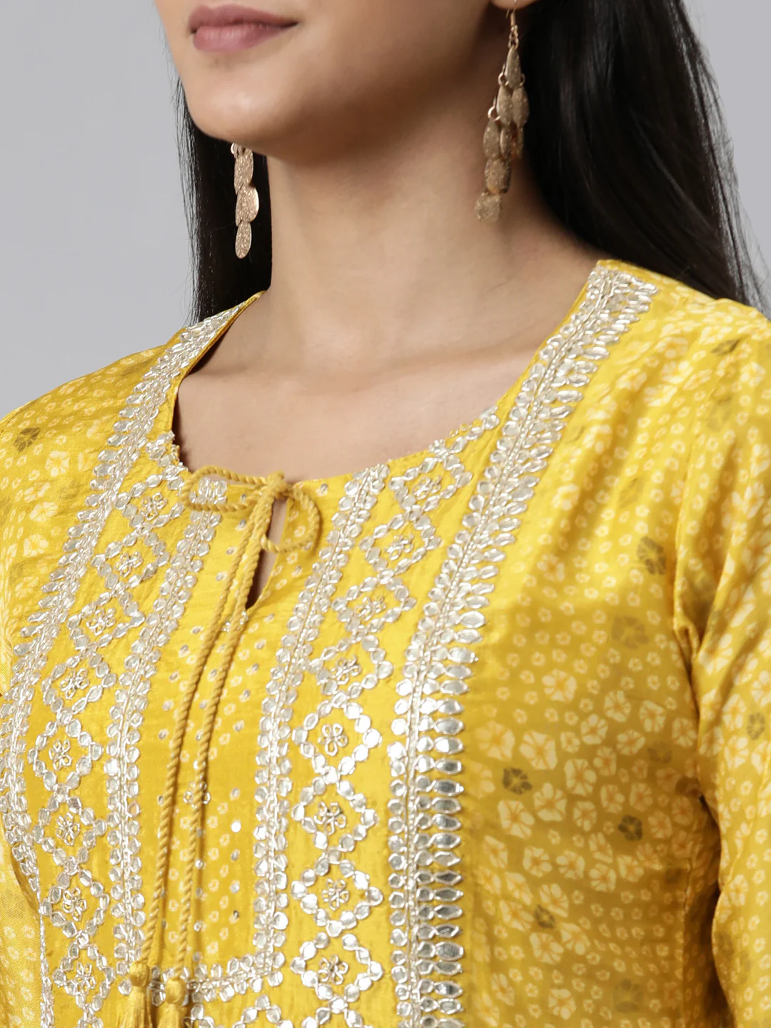Neerus Mustard Regular Calf Length Printed Kurta Solid Trousers With Dupatta - Image 4