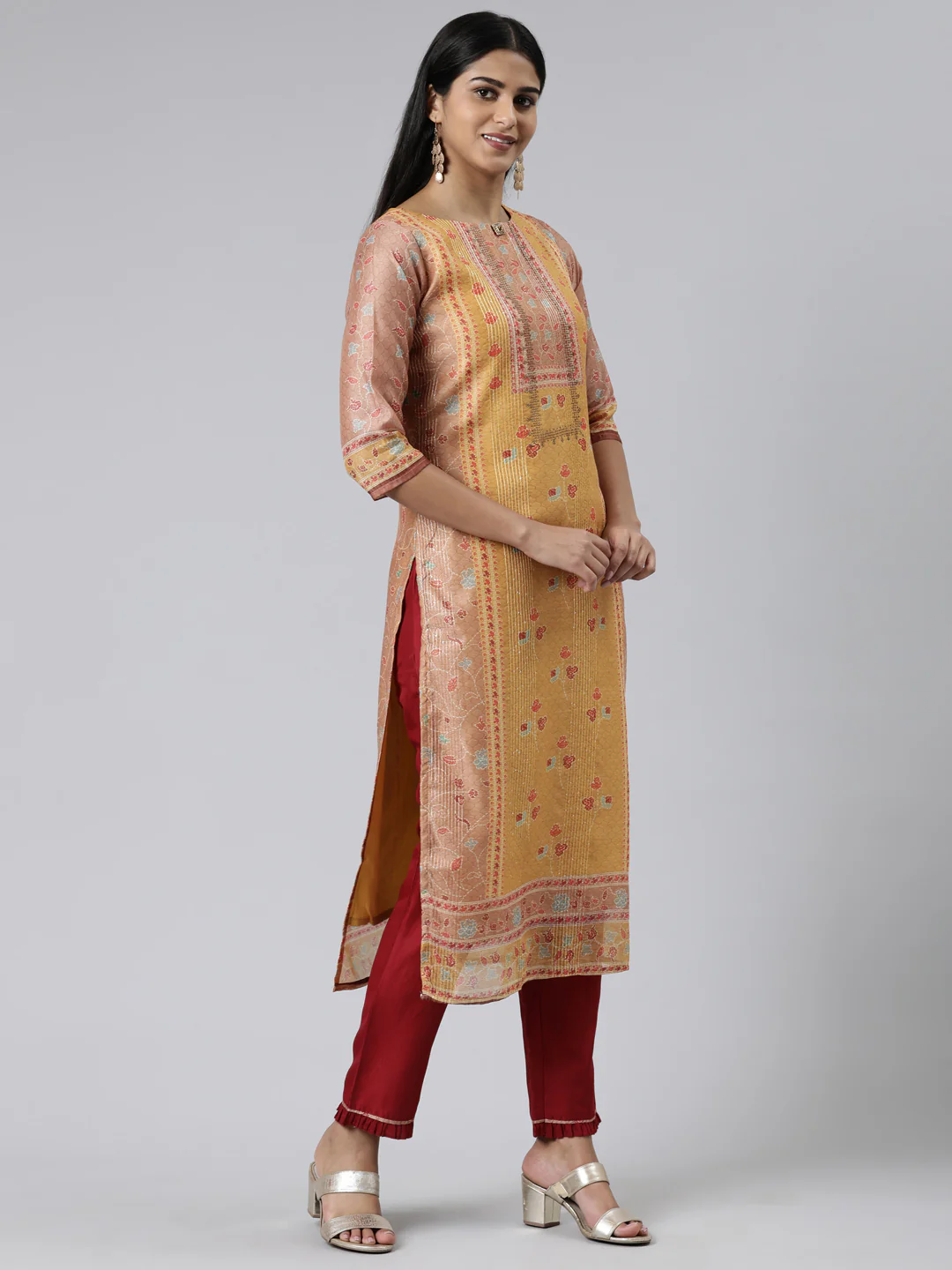 Neerus Mustard Regular Calf Length Printed Kurta Solid Trousers With Dupatta - Image 2