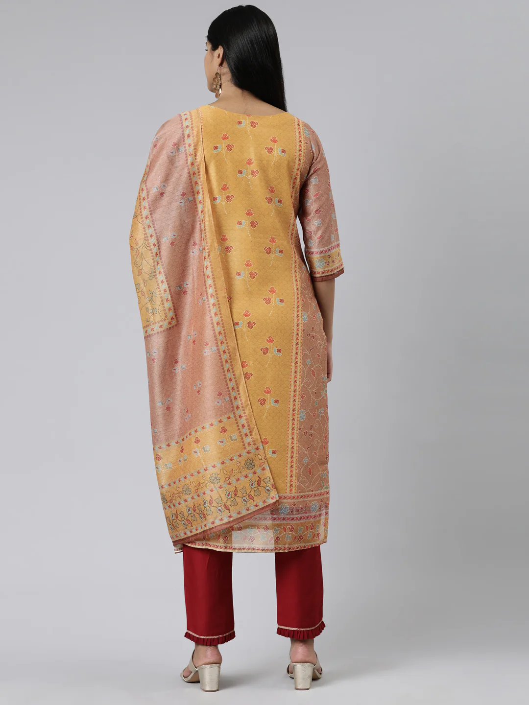 Neerus Mustard Regular Calf Length Printed Kurta Solid Trousers With Dupatta - Image 3
