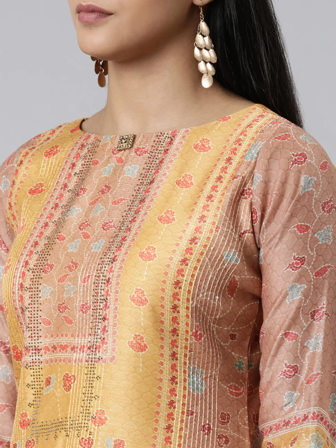 Neerus Mustard Regular Calf Length Printed Kurta Solid Trousers With Dupatta - Image 4