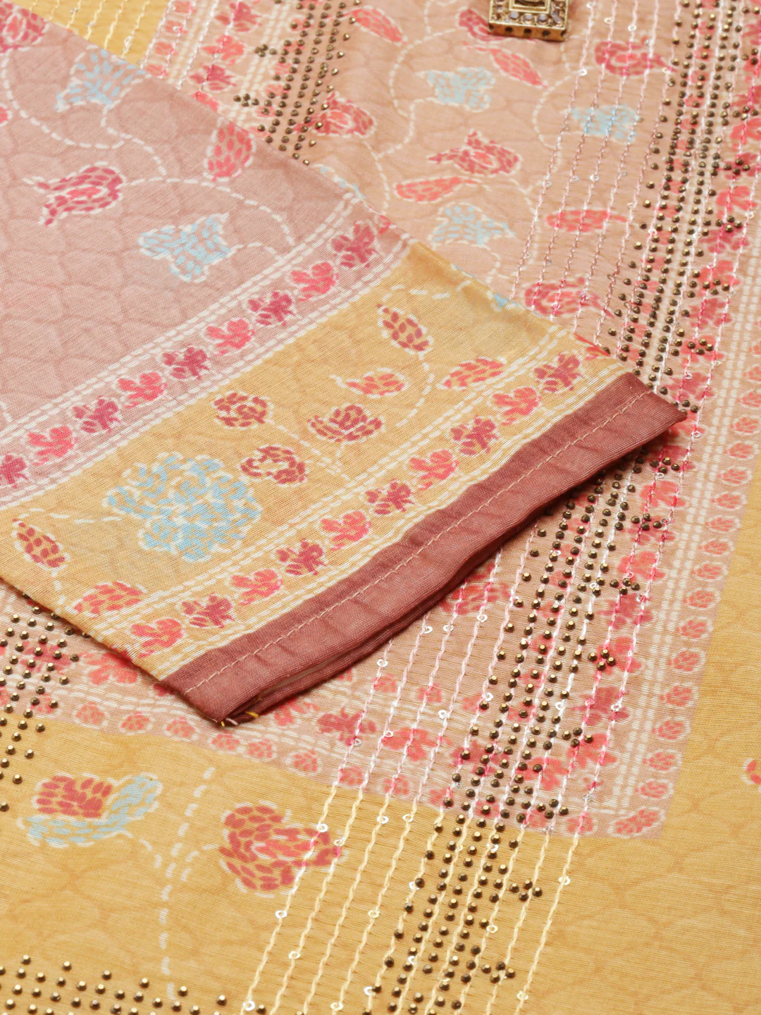 Neerus Mustard Regular Calf Length Printed Kurta Solid Trousers With Dupatta - Image 5