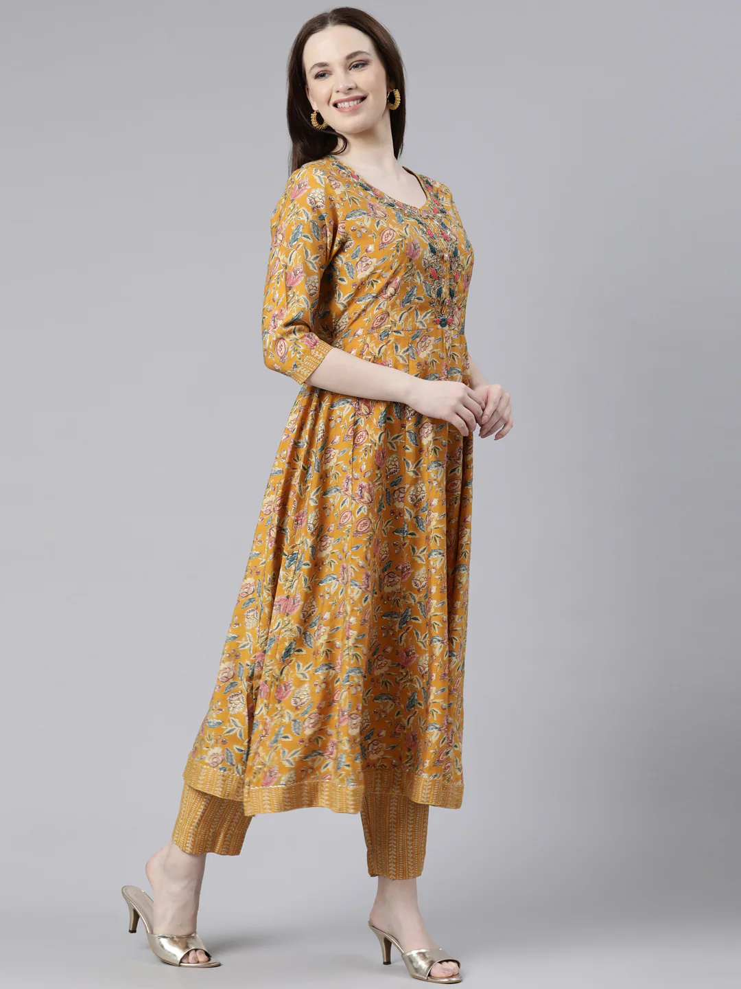 Neerus Mustard Regular Knee Length Printed Kurta Printed Trousers With Dupatta - Image 2
