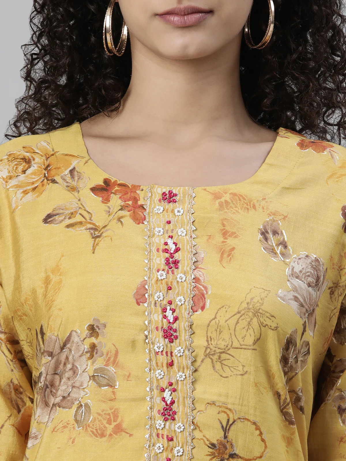 Neerus Mustard Regular Knee Length Printed Kurta Printed Trousers With Dupatta - Image 4
