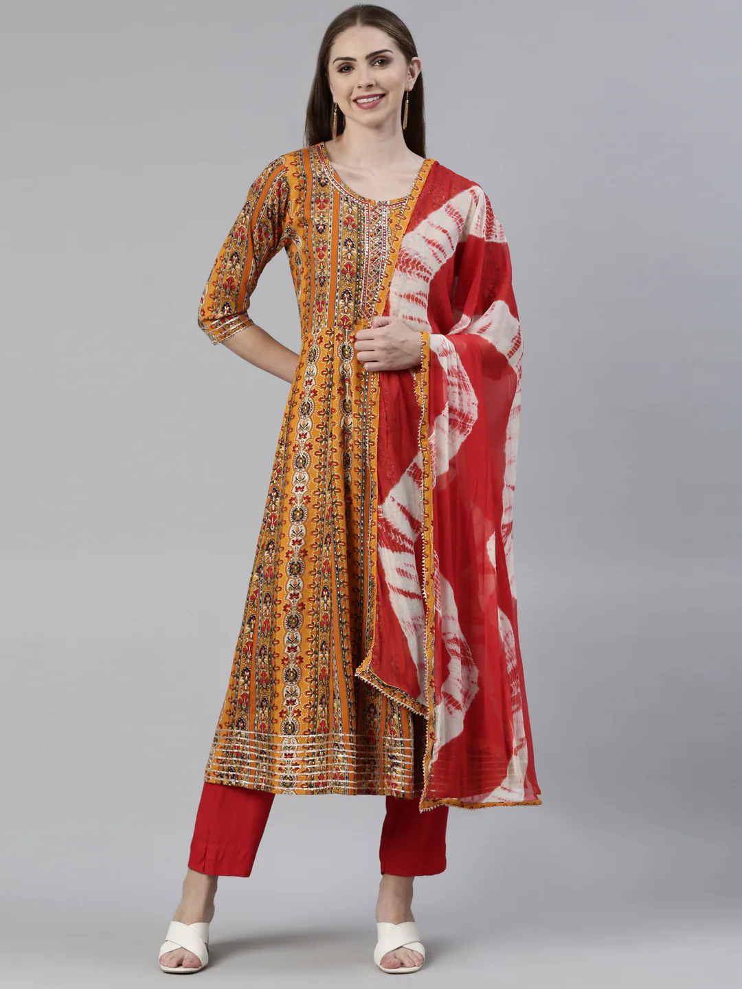 Neerus Mustard Regular Knee Length Printed Kurta Solid Trousers With Dupatta