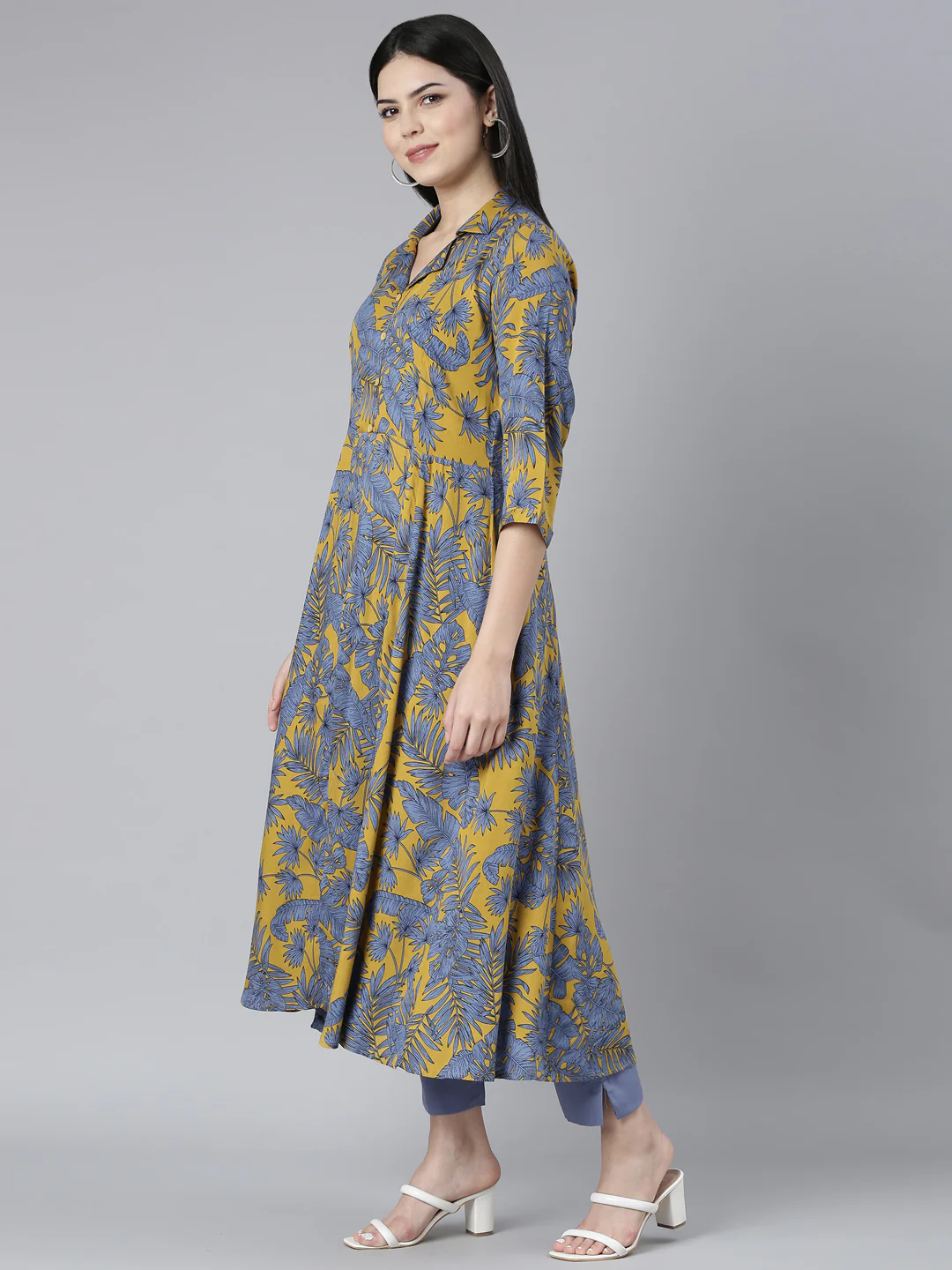 Neerus Mustard Regular Straight Floral Kurta And Trousers - Image 2
