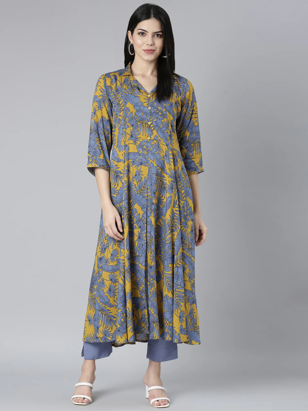Neerus Mustard Regular Straight Floral Kurta And Trousers - Image 5