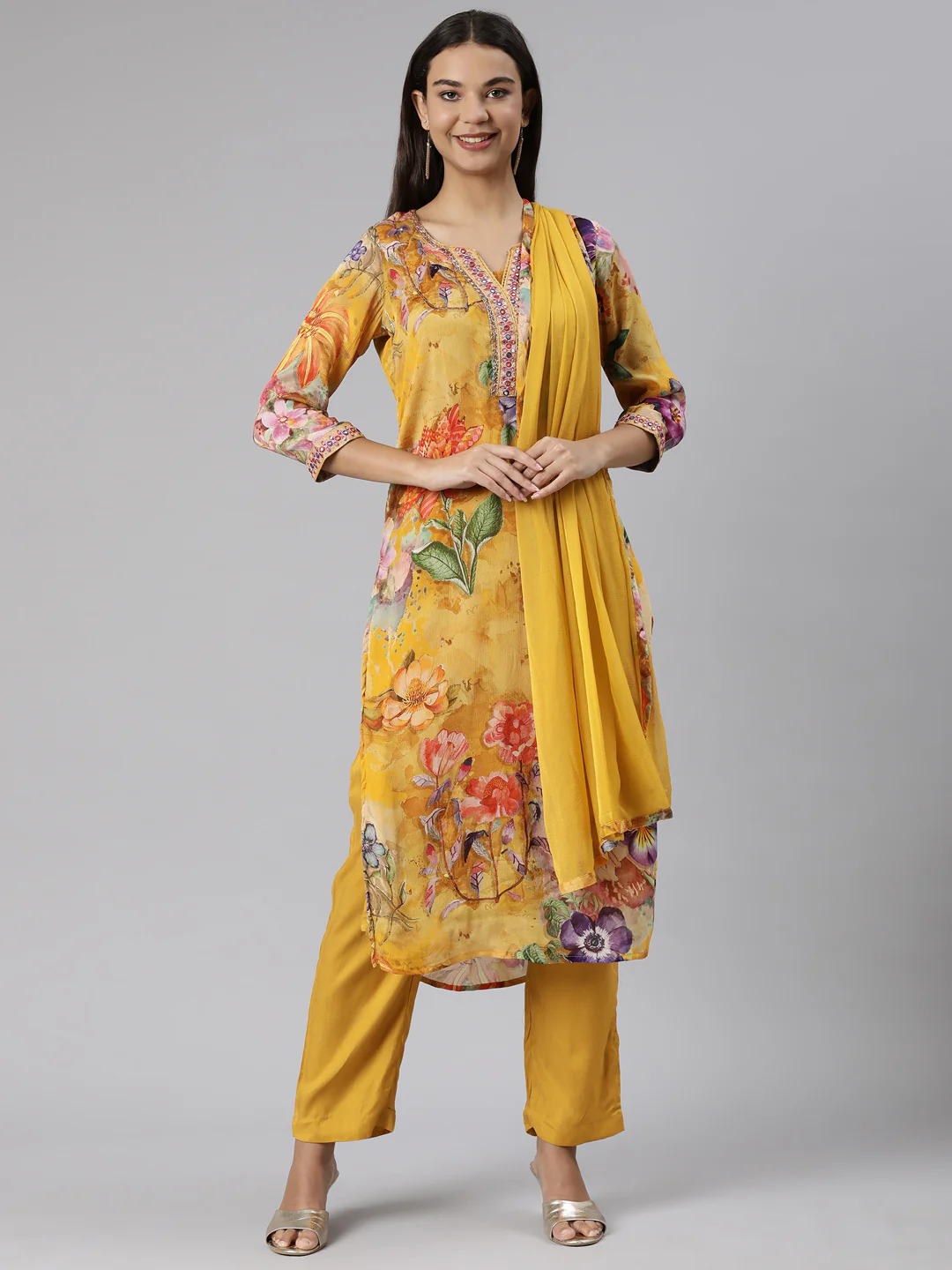 Neerus Mustard Regular Straight Floral Readymade suits