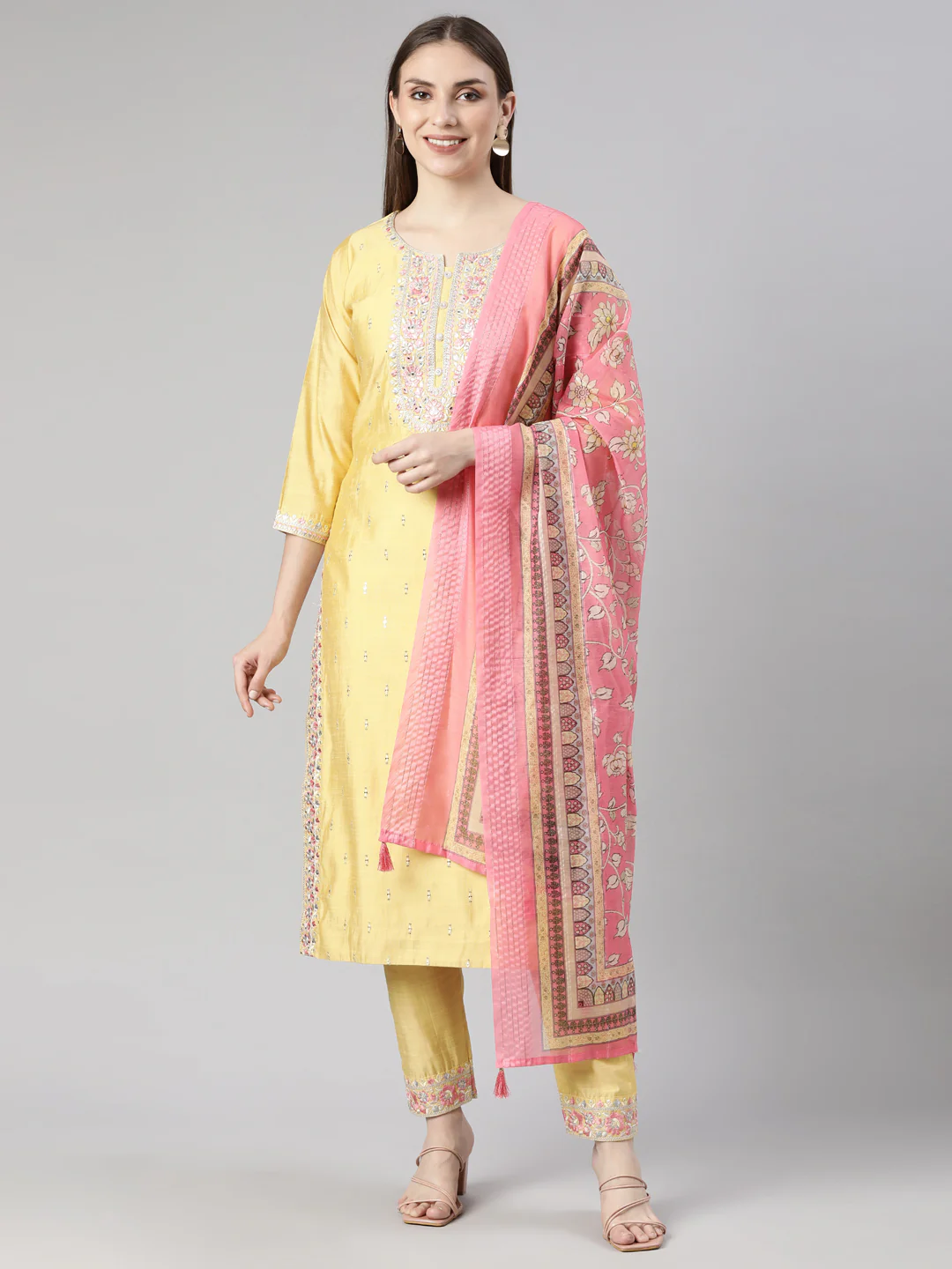 Neerus Mustard Regular Straight Floral Kurta And Trousers With Dupatta