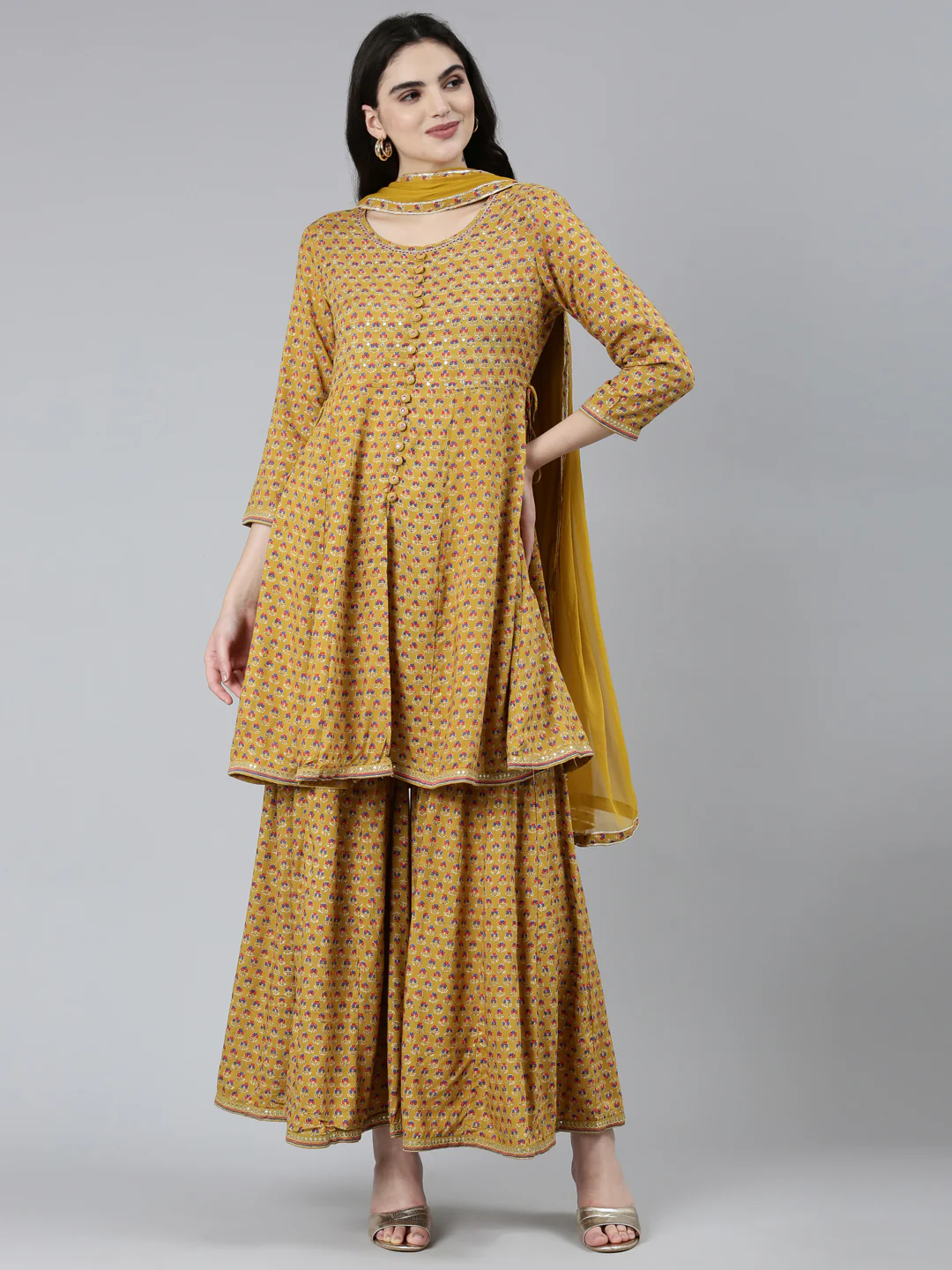 Neerus Mustard Regular Straight Floral Kurta Sets And Sharara With Dupatta - Image 5