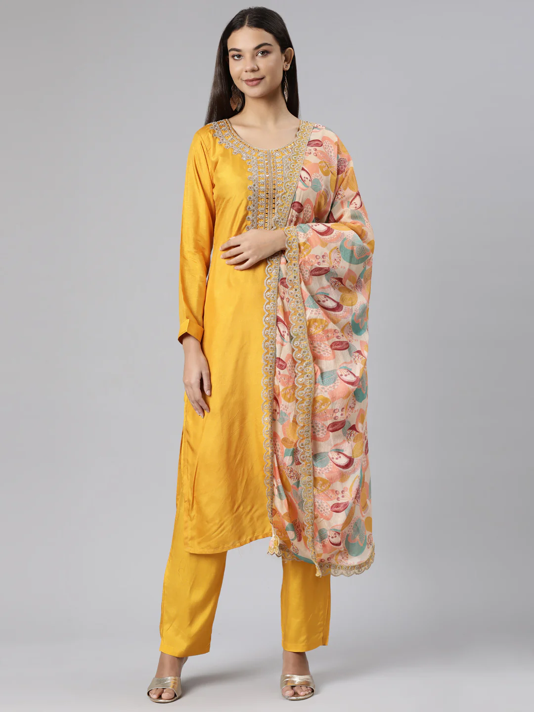 Neerus Mustard Regular Straight Solid Readymade suits