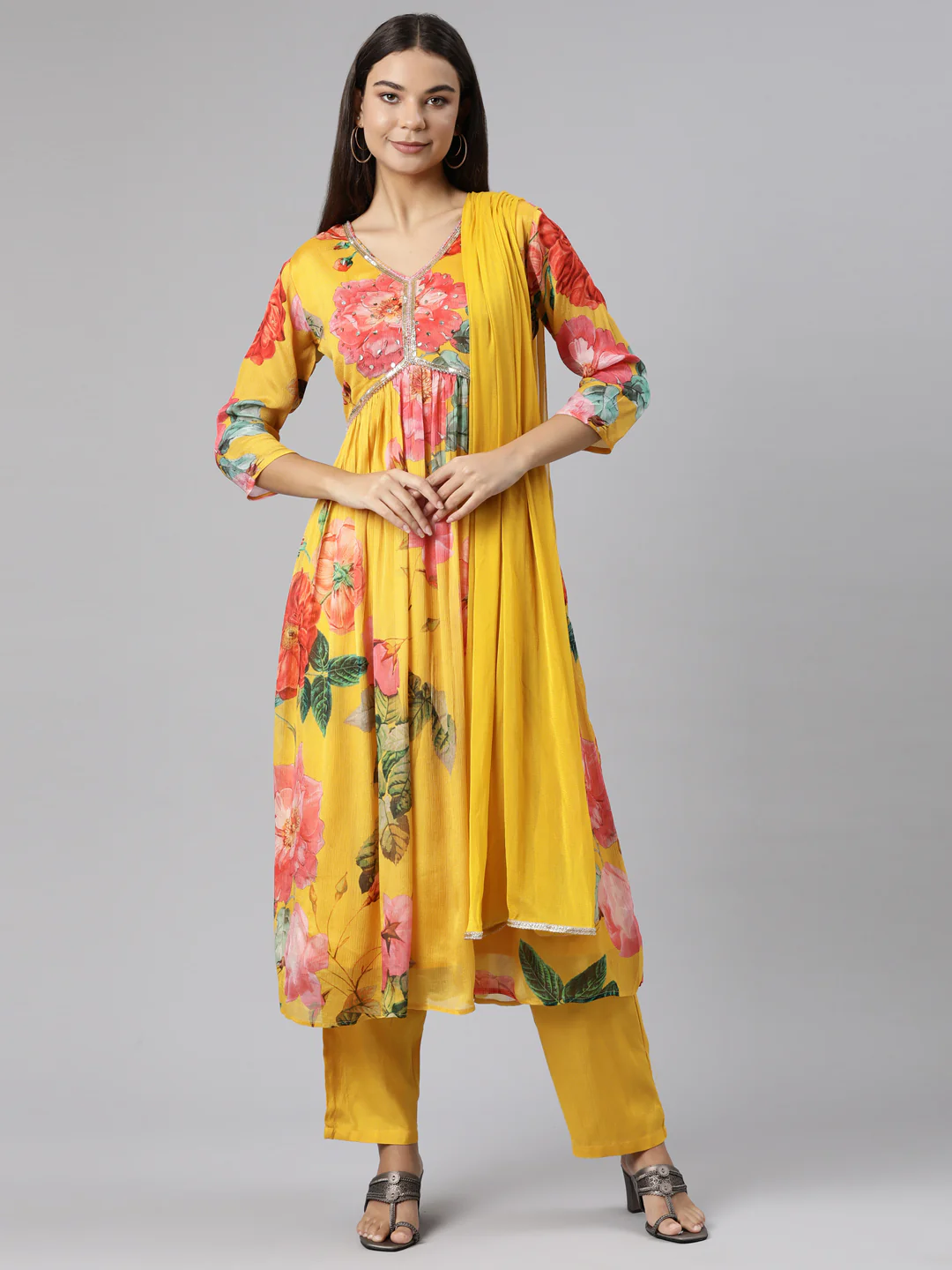 Neerus Mustard Regular Straight Solid Readymade suits