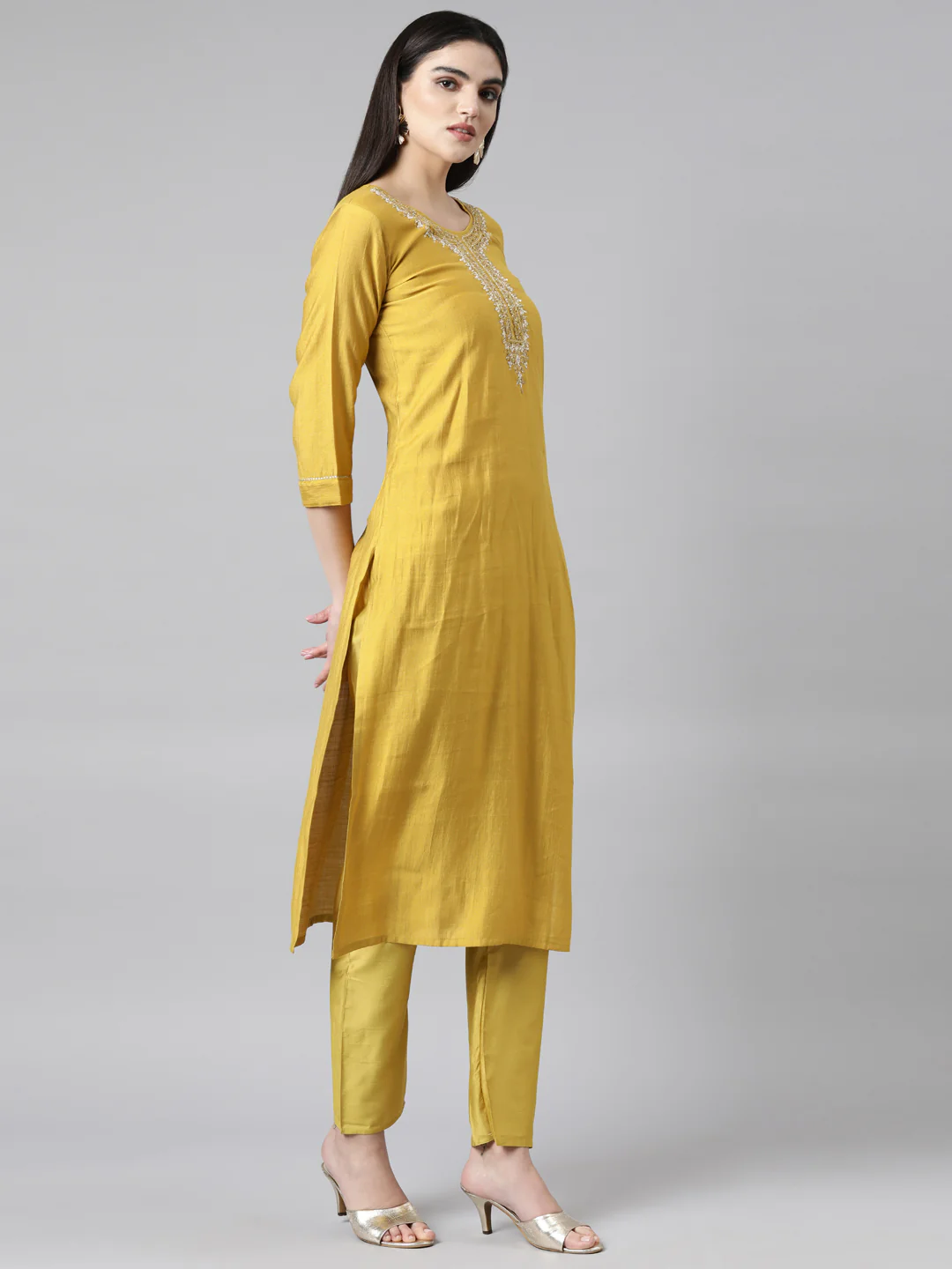 Neerus Mustard Regular Straight Solid Kurta And Trousers With Dupatta - Image 2