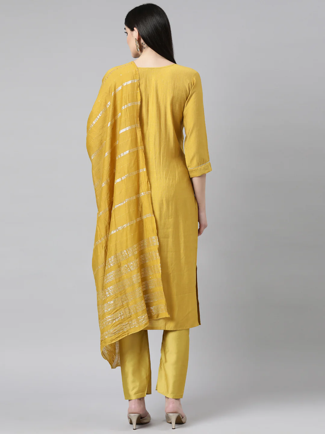 Neerus Mustard Regular Straight Solid Kurta And Trousers With Dupatta - Image 3