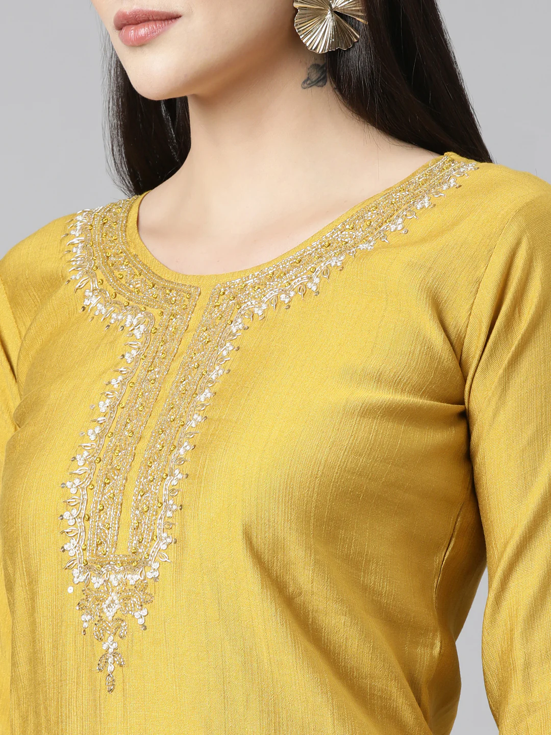 Neerus Mustard Regular Straight Solid Kurta And Trousers With Dupatta - Image 4
