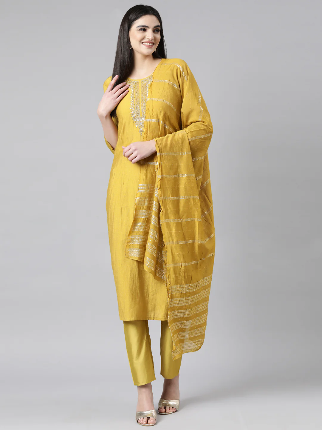 Neerus Mustard Regular Straight Solid Kurta And Trousers With Dupatta - Image 5