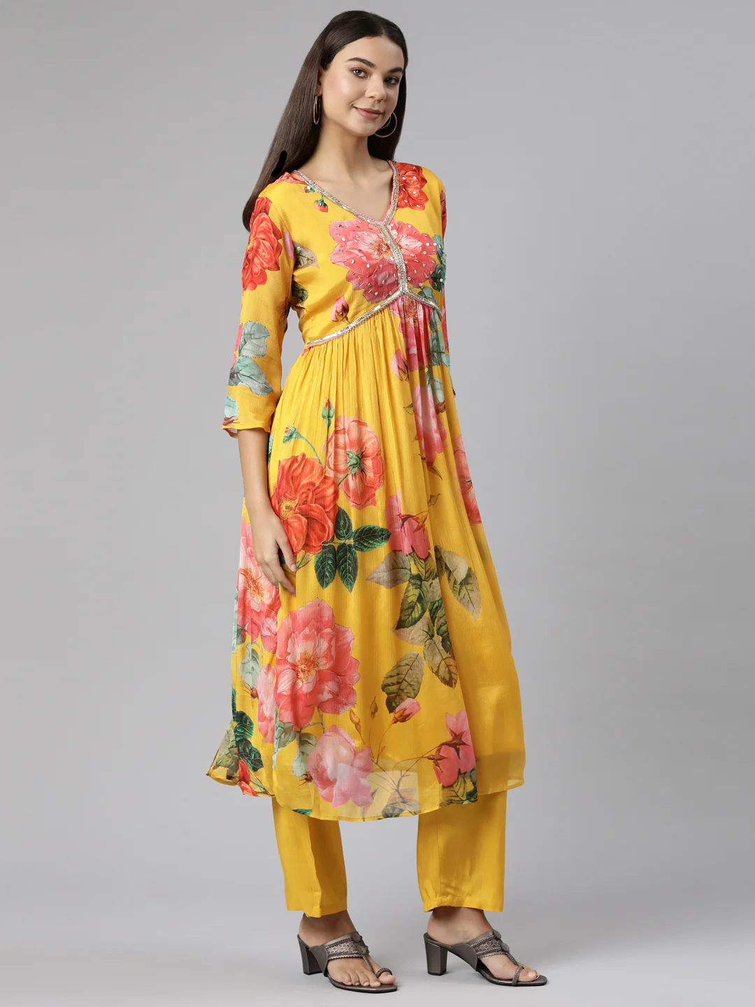 Neerus Mustard Regular Straight Solid Readymade suits - Image 2