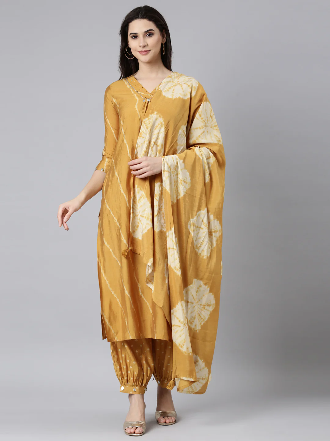 Neerus Mustard Regular Straight Striped Kurta And Salwar With Dupatta