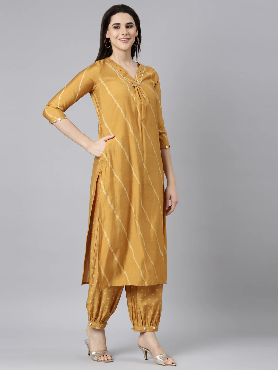 Neerus Mustard Regular Straight Striped Kurta And Salwar With Dupatta - Image 2