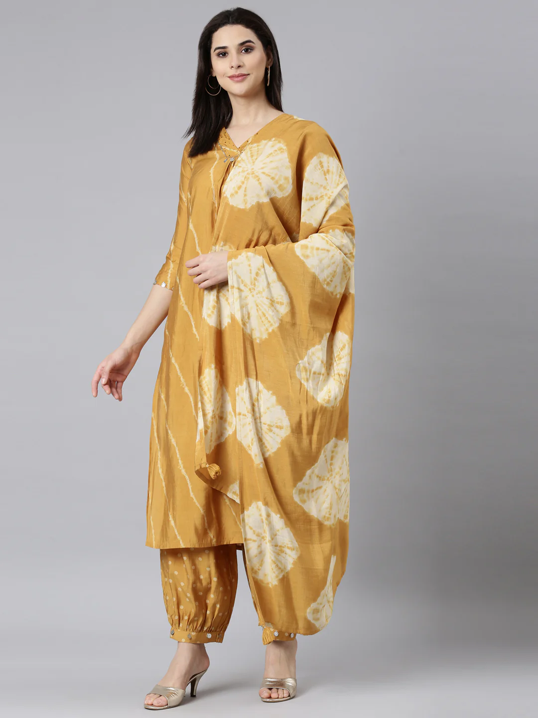 Neerus Mustard Regular Straight Striped Kurta And Salwar With Dupatta - Image 5
