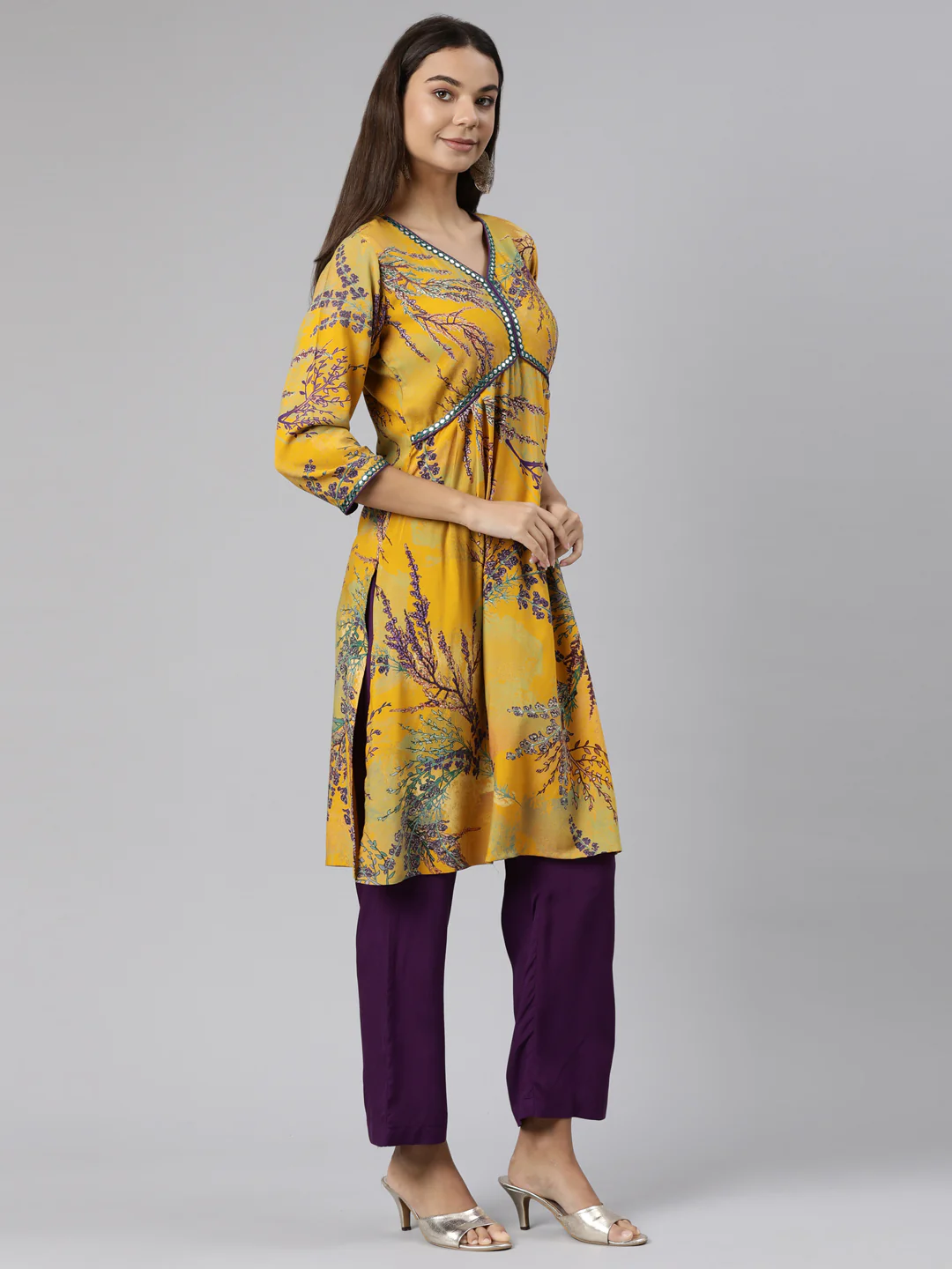 Neerus Mustard Regular Straight Tribal Kurta And Trousers - Image 2