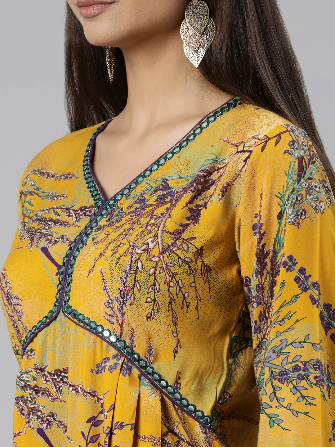 Neerus Mustard Regular Straight Tribal Kurta And Trousers - Image 4