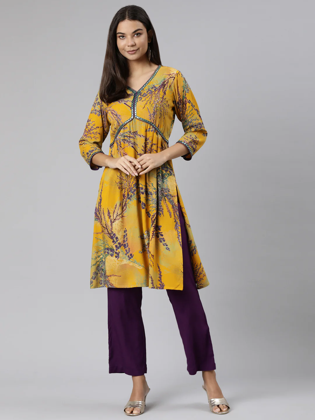 Neerus Mustard Regular Straight Tribal Kurta And Trousers - Image 5