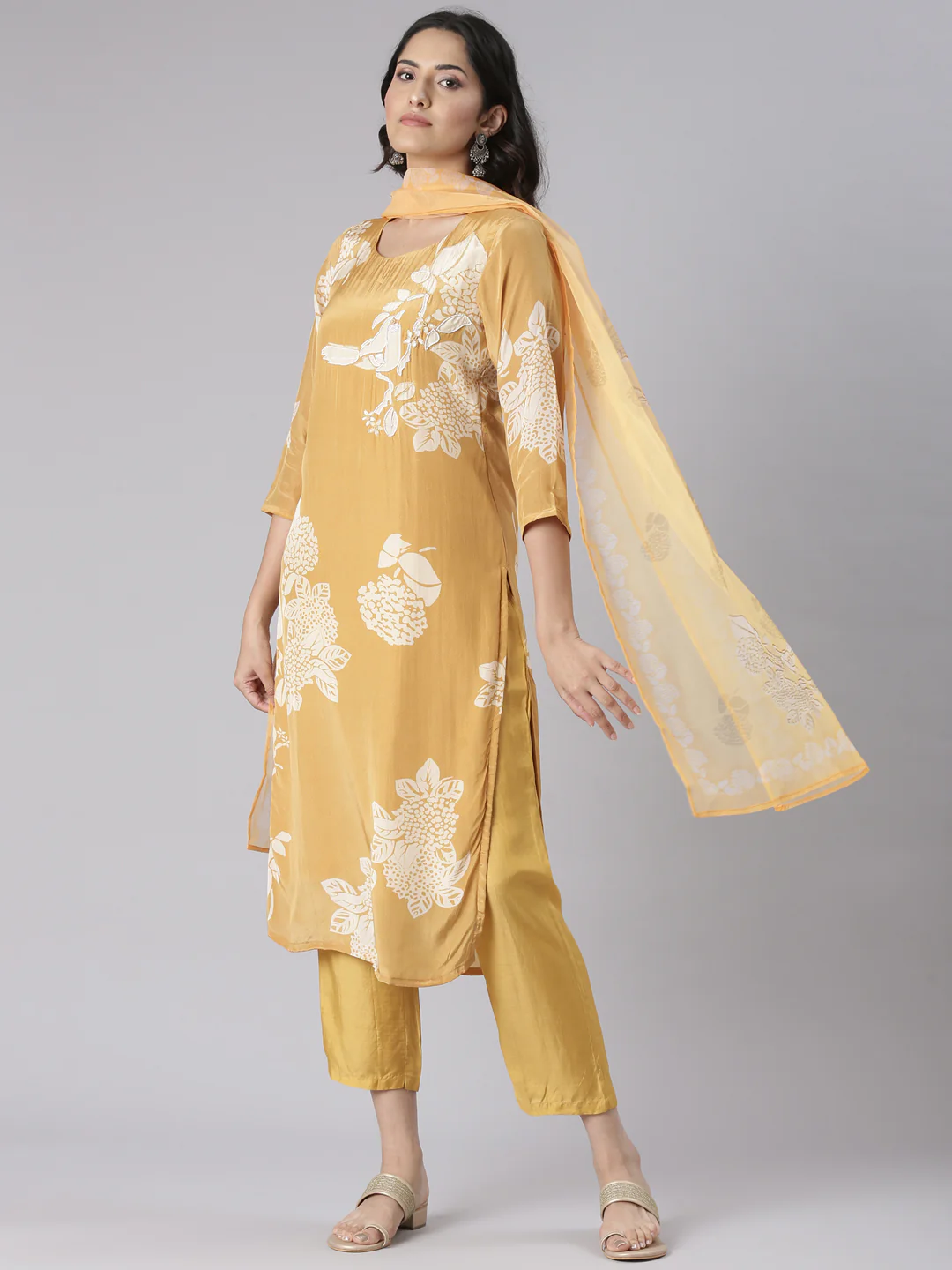 Neerus Mustard Solid Straight Kurta and Trousers With Dupatta - Image 5