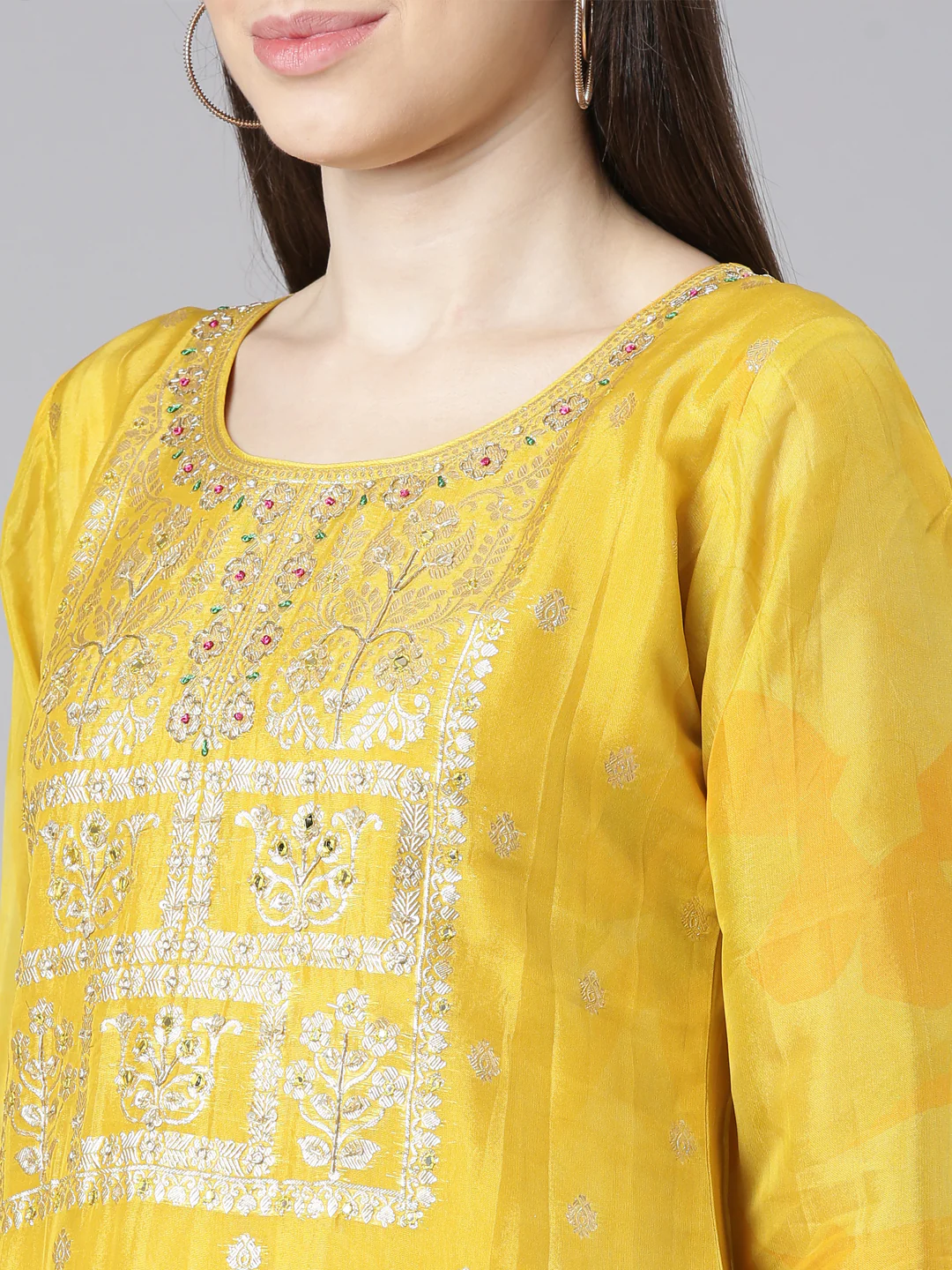 Neerus Mustard Solid Straight Kurta and Trousers With Dupatta - Image 4