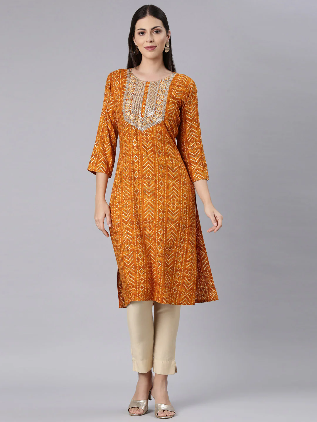 Neerus Mustard Straight Casual Bandhani Straight Kurta