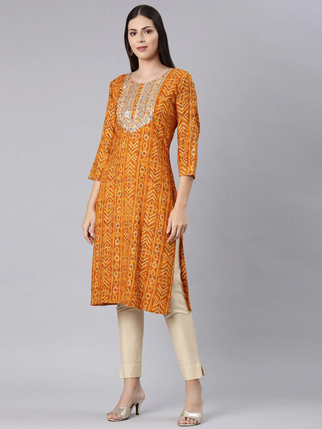 Neerus Mustard Straight Casual Bandhani Straight Kurta - Image 2