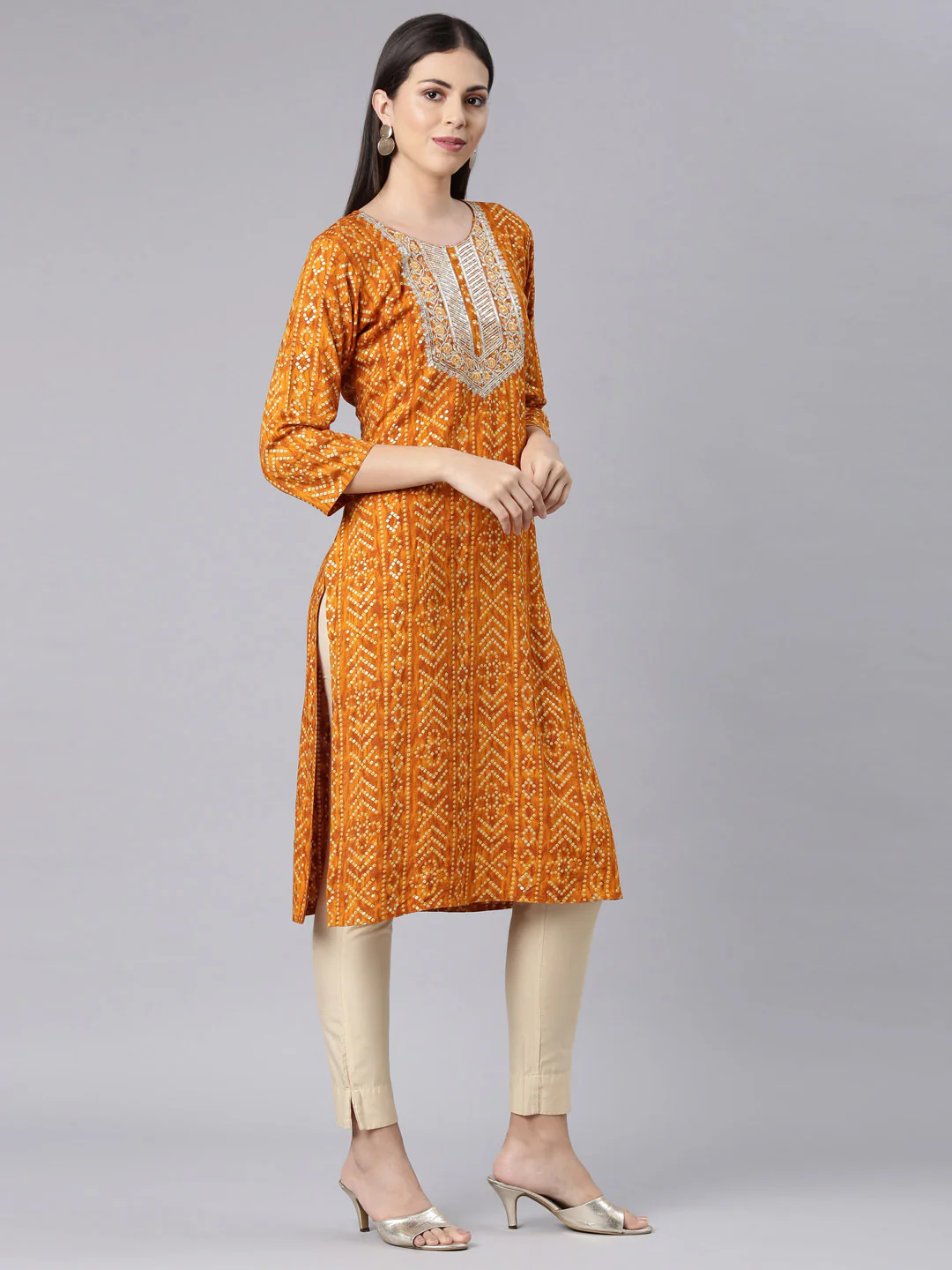 Neerus Mustard Straight Casual Bandhani Straight Kurta - Image 3
