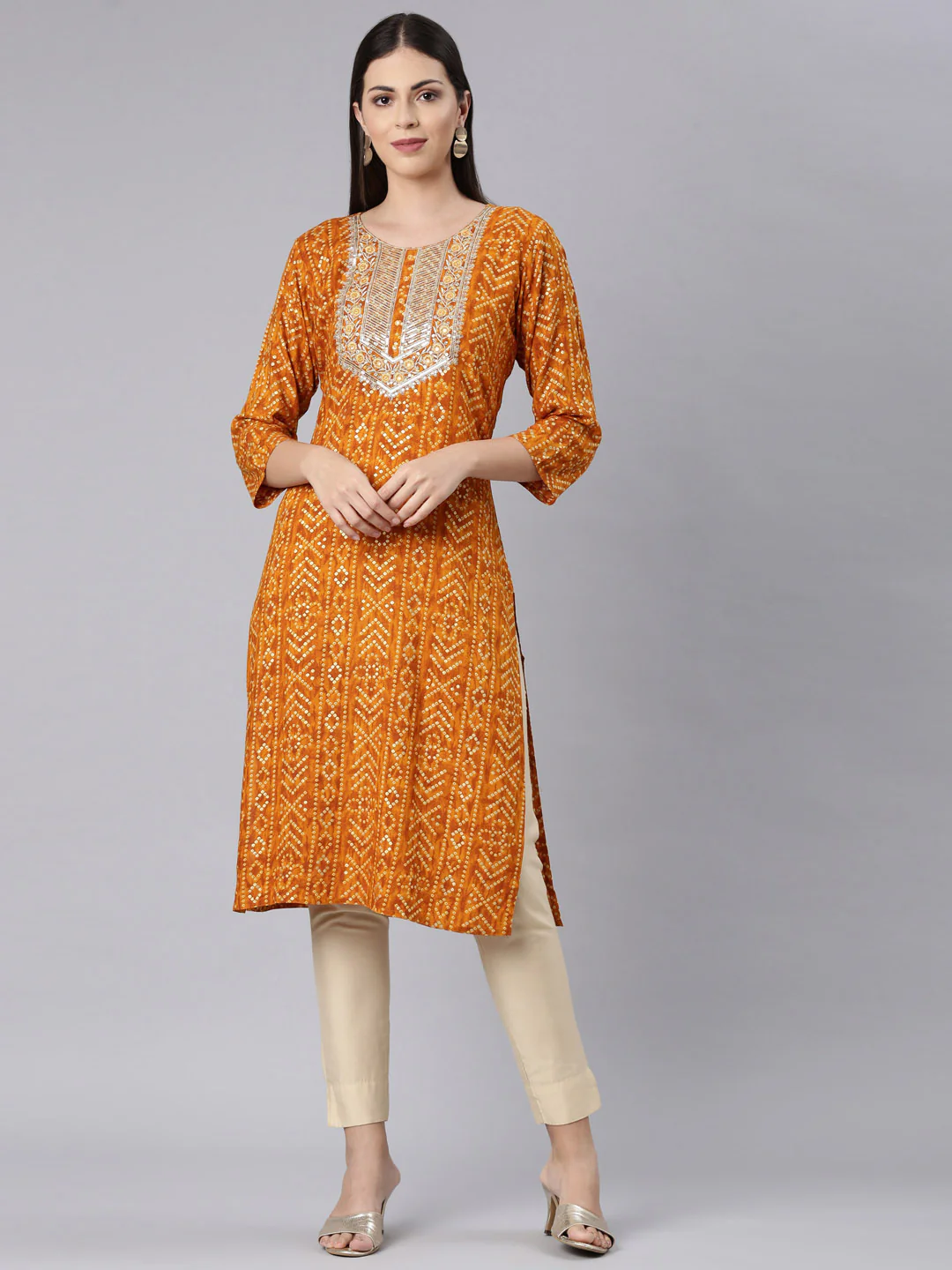 Neerus Mustard Straight Casual Bandhani Straight Kurta - Image 6