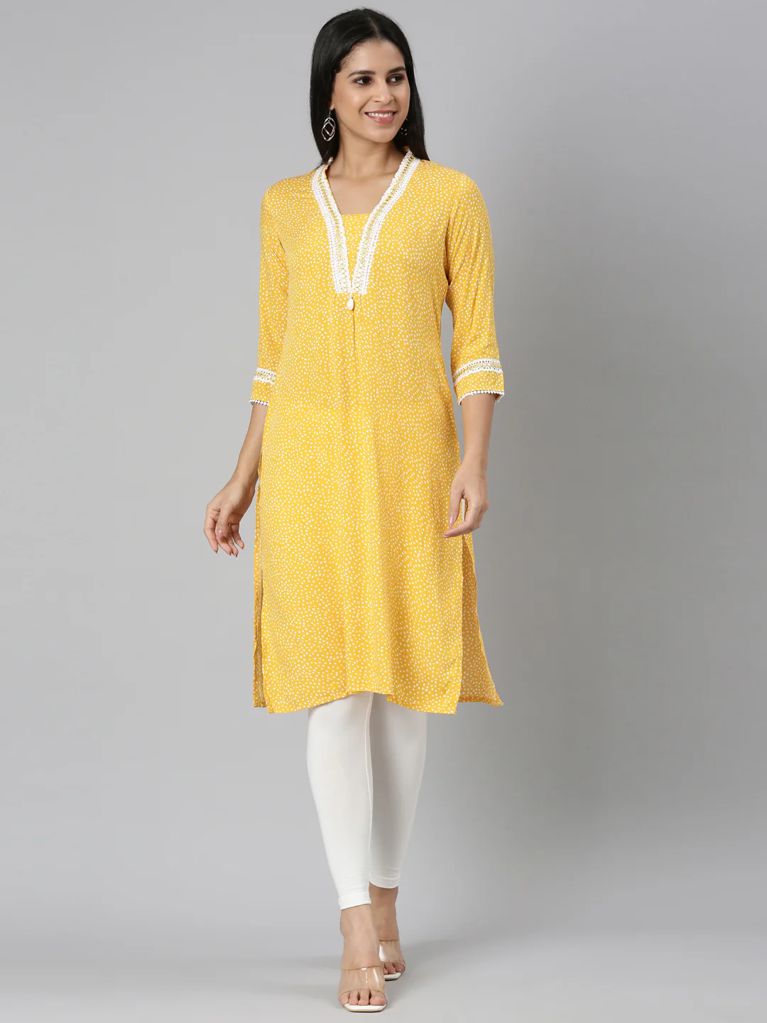 Neerus Mustard Straight Casual Bandhani Straight Kurta