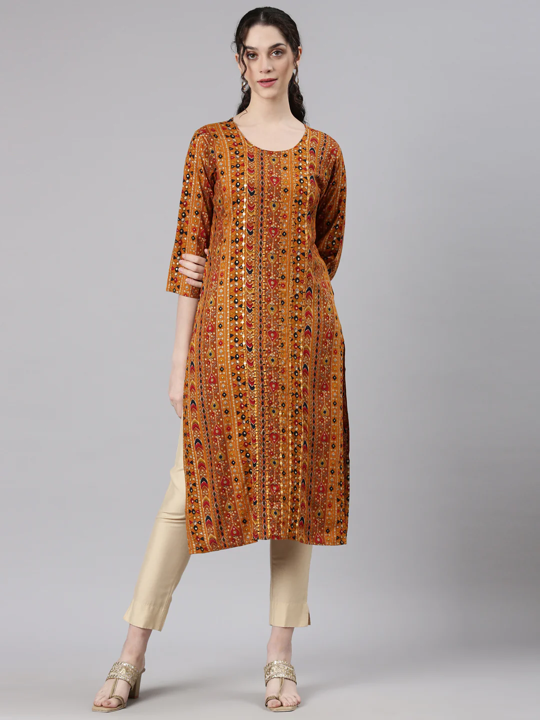Neerus Mustard Straight Casual Embellished Kurta