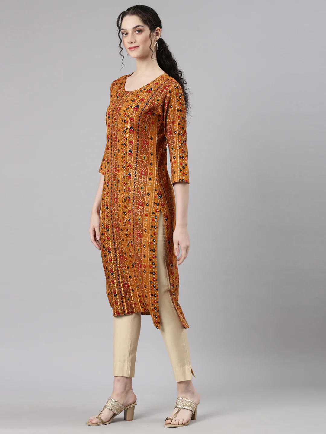 Neerus Mustard Straight Casual Embellished Kurta - Image 2