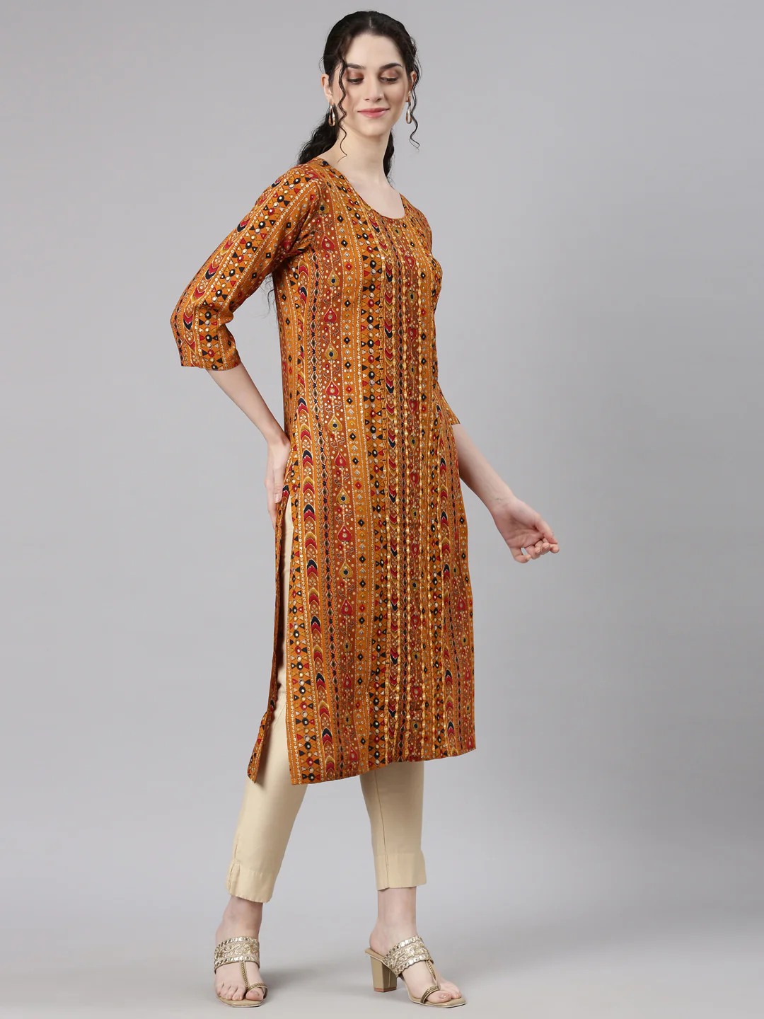 Neerus Mustard Straight Casual Embellished Kurta - Image 3