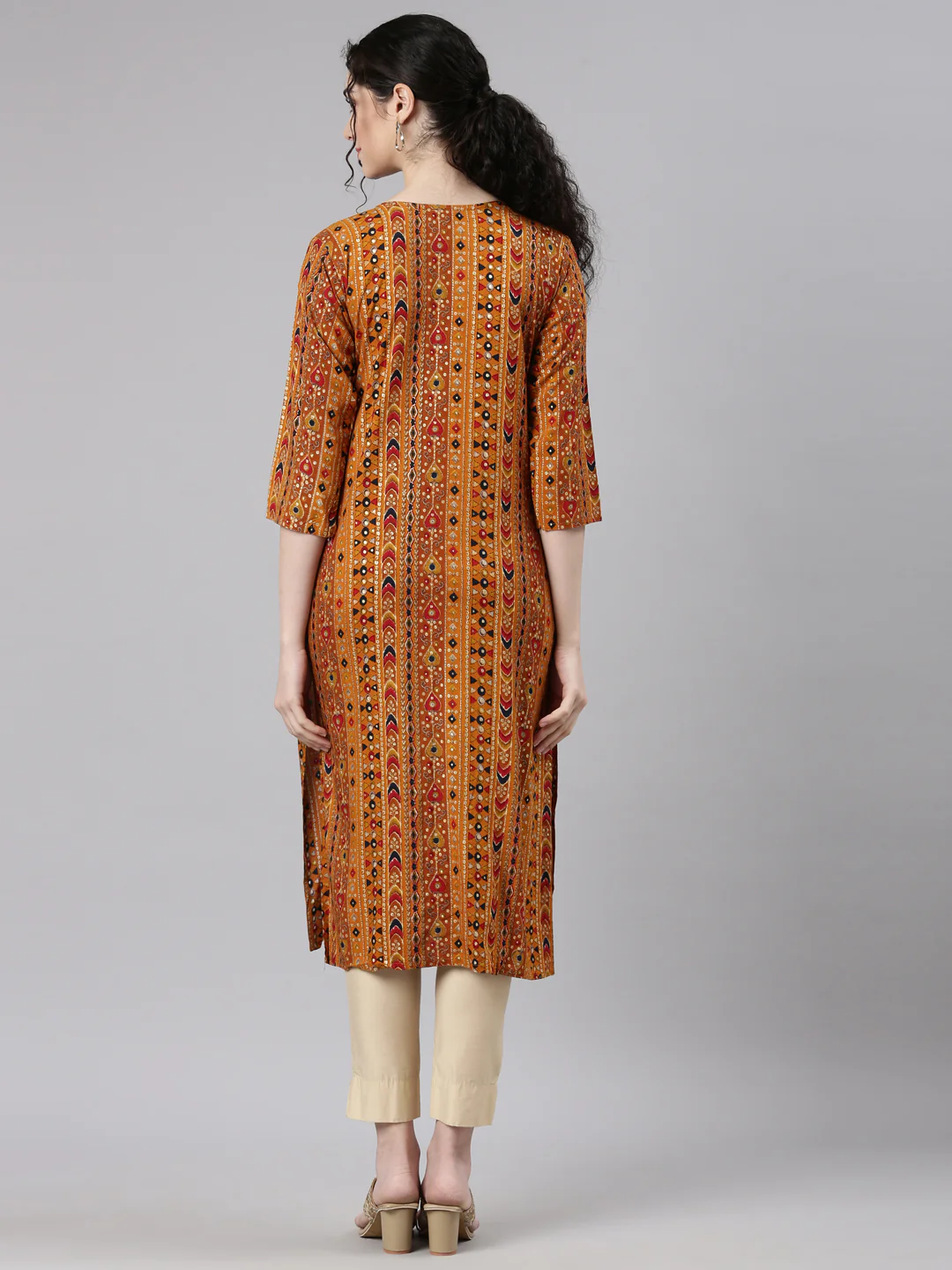 Neerus Mustard Straight Casual Embellished Kurta - Image 4