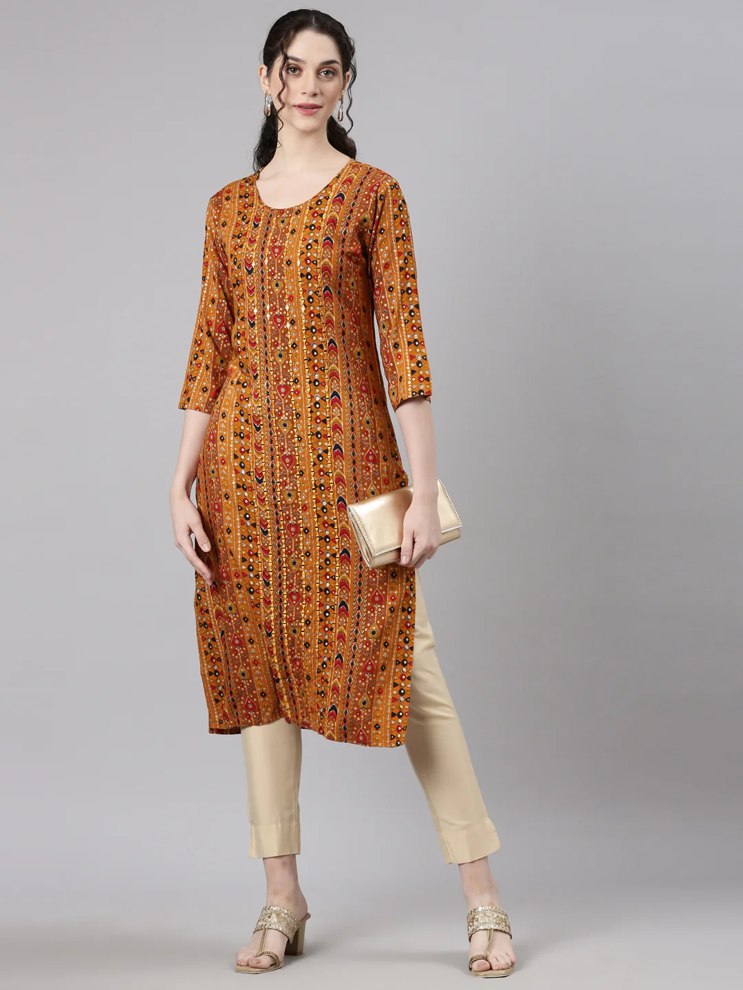 Neerus Mustard Straight Casual Embellished Kurta - Image 6