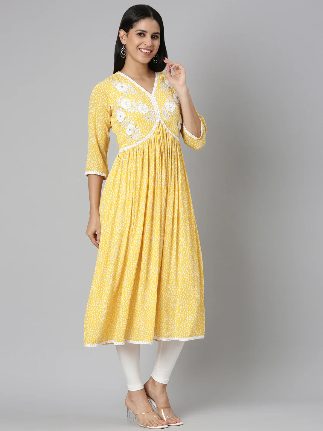 Neerus Mustard Straight Casual Floral Anarkali Kurta - Image 2
