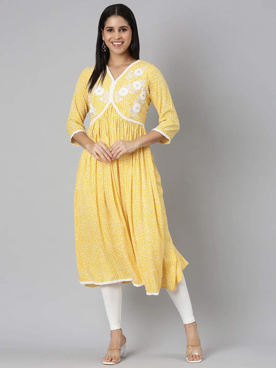 Neerus Mustard Straight Casual Floral Anarkali Kurta - Image 5
