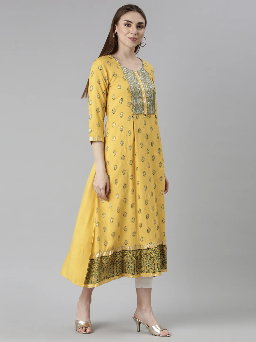 Neerus Mustard Straight Casual Floral Dresses - Image 3