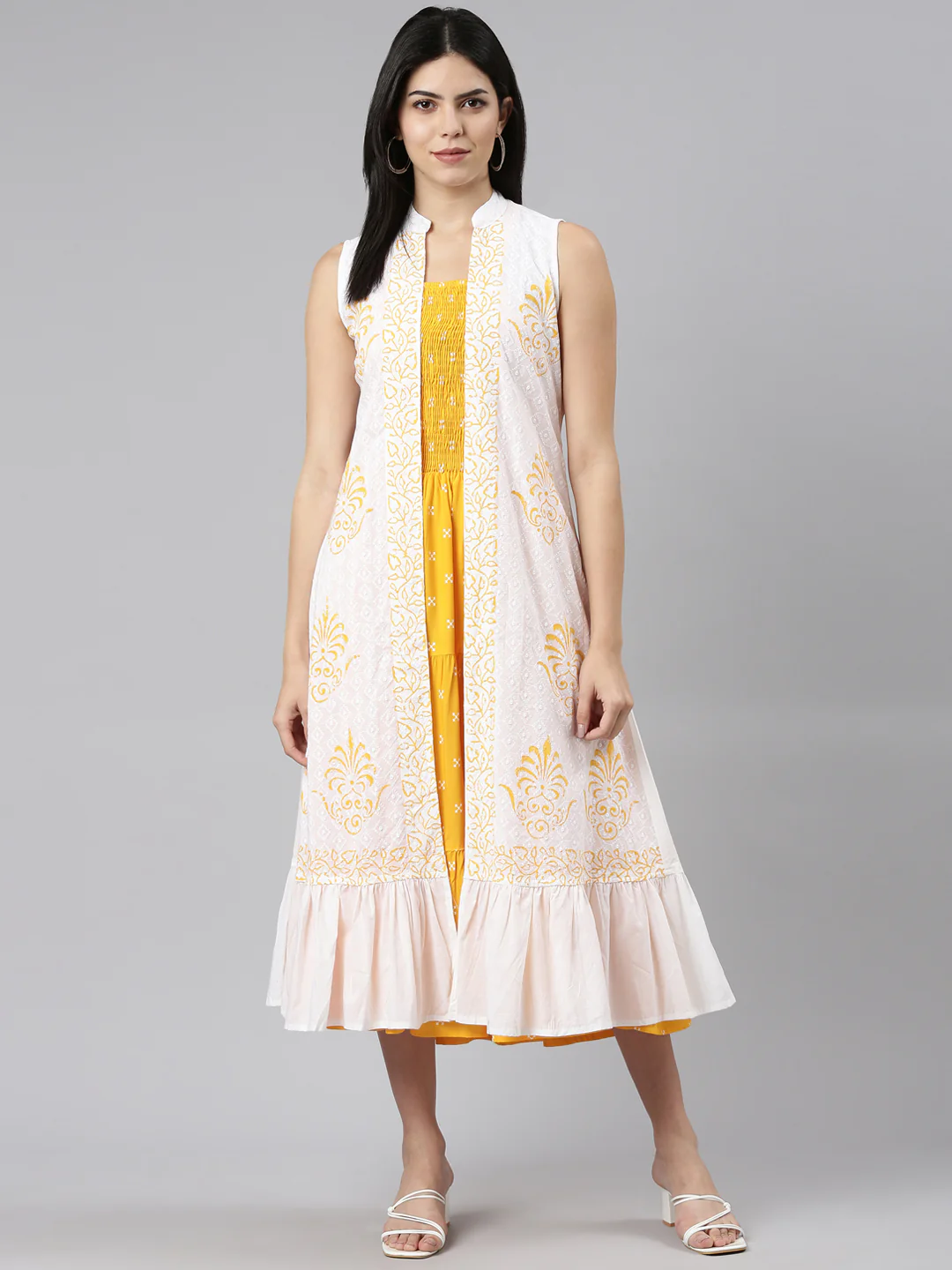 Neerus Mustard Straight Casual Floral Dresses
