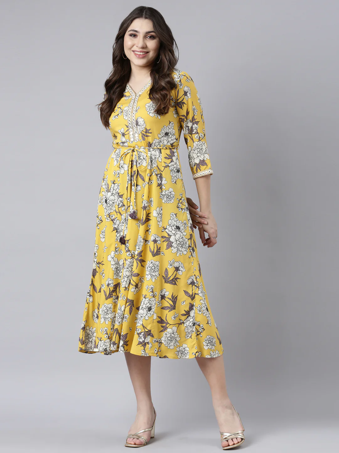Neerus Mustard Straight Casual Floral Maxi Dresses - Image 5