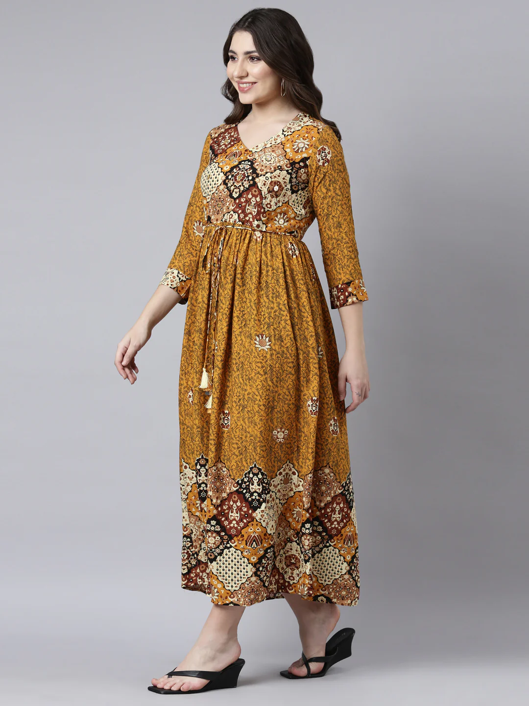 Neerus Mustard Straight Casual Floral Maxi Dresses - Image 2