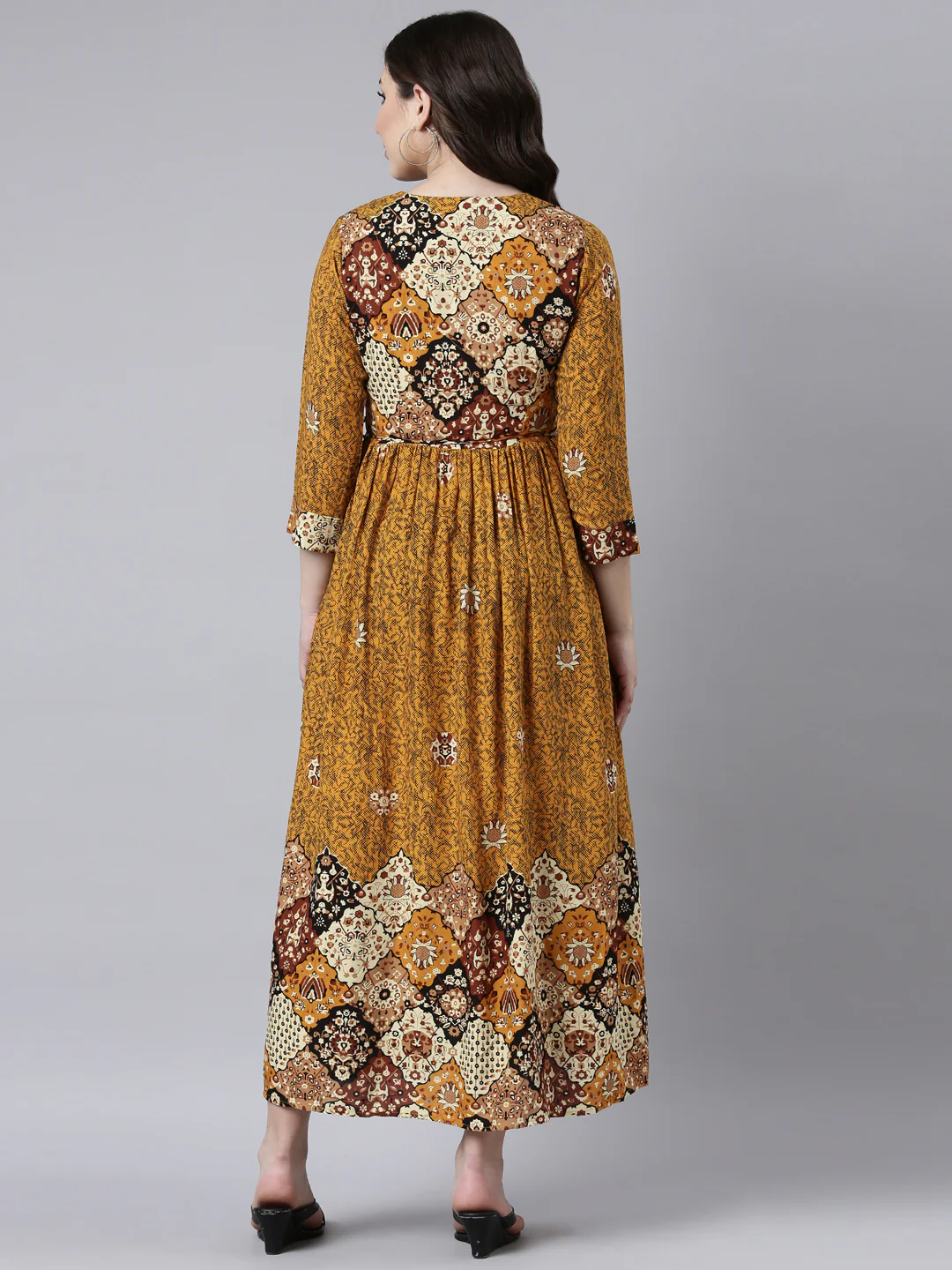 Neerus Mustard Straight Casual Floral Maxi Dresses - Image 3